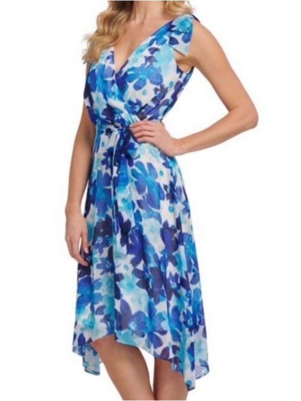DKNY Women’s blue/white sleeveless midi faux wrap dress size 4